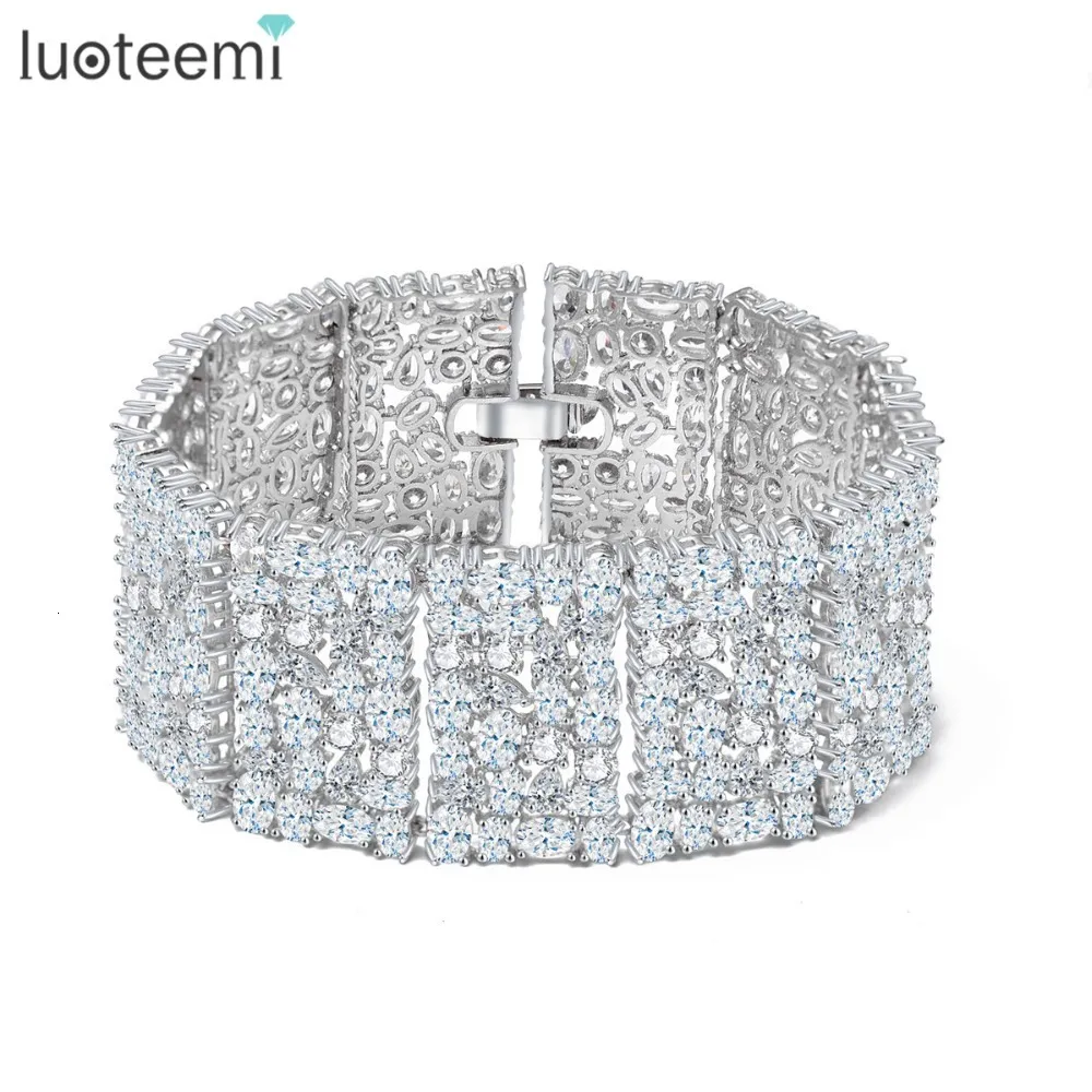 Chain Luoteemi Luxury Wide Full Shining Micro Cubic Zircon Cuff Armband For Women CZ Wedding Bride Crystal Bangle Friendship Gifts 230616