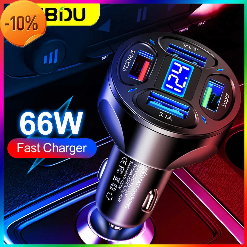 Ny kebidu biltelefon USB 66W 7A 4 portar snabbare laddare SCP/snabb laddning 3.0 USB C Vehicle Charger QC3.0 Adapter för bil SUV -lastbil