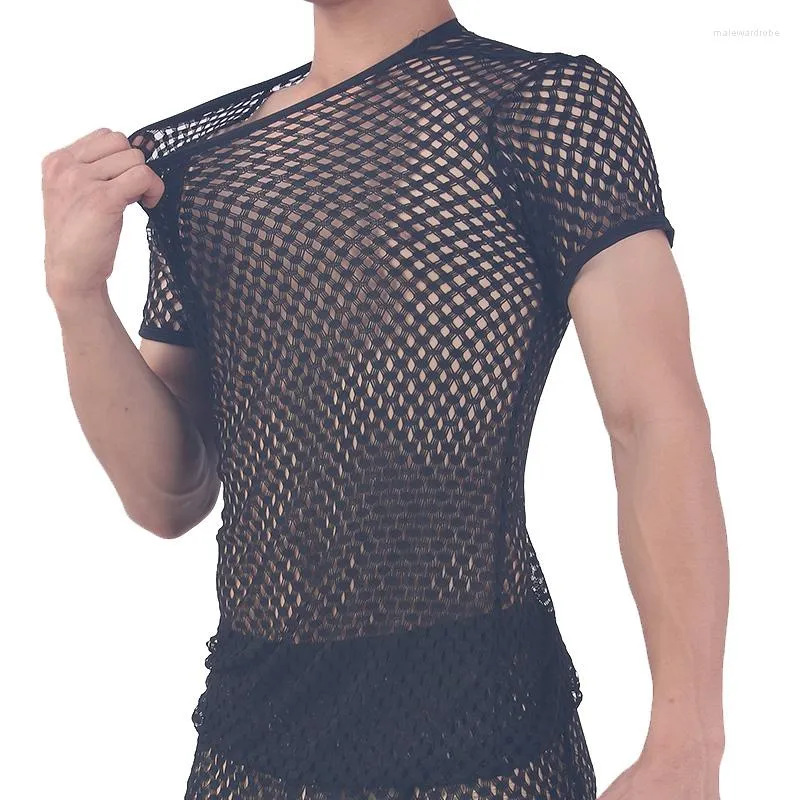 Heren T-shirts Mode Mannen Mesh Shirt See Through Korte Mouw Slanke Sexy T-shirts Dunne Ademende Nachtkleding Tops