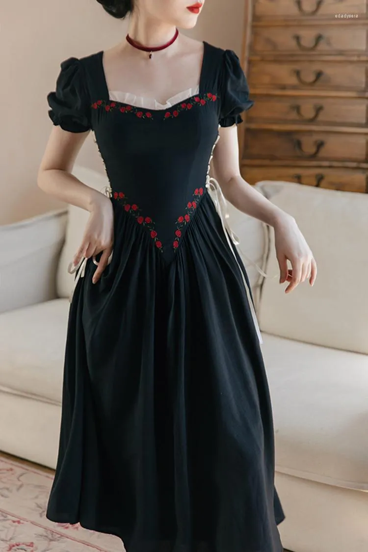 Party Dresses Summer Elegant Vintage Black Dress Woman Chic Design Retro Embroidery Flower Puff Sleeve Bandage Princess Vestido Negro