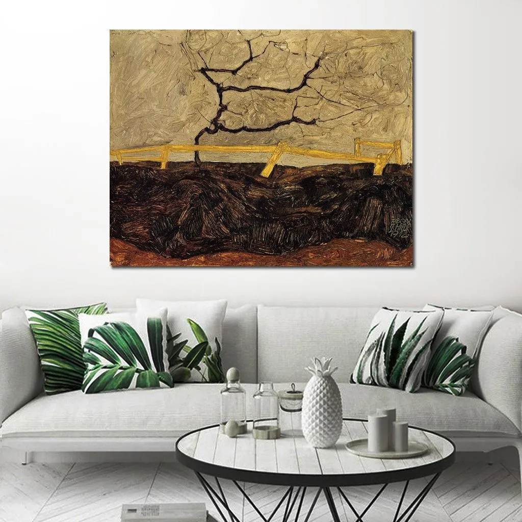 Abstract Figurative Canvas Art Bare Tree Behind A Fence Egon Schiele Painting Hand Painted Modern Wall Decor