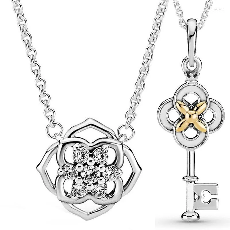 Chains 925 Sterling Silver Rose Flower Petals Key & Collier Necklace Fit Europe Bead Charm Diy Jewelry