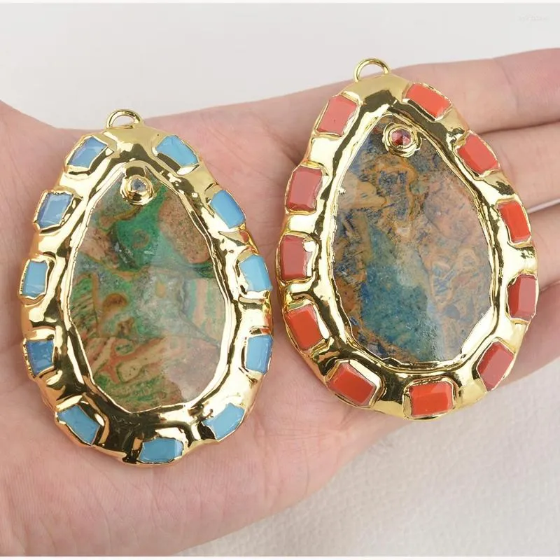 Charms 1pc Natural Blue Ocean Jasper Water Drop Shape Nugget Red Jade Pendant Gold Plated Halsbandsmycken Making DIY