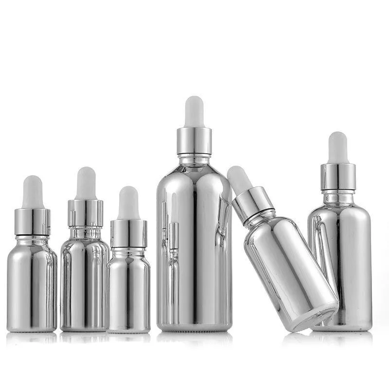 Bouteilles de parfum d'huile d'essence de verre enduit d'argent Flacon compte-gouttes de pipette de réactif liquide 10ml 15ml 20ml 30ml 50ml Neqea