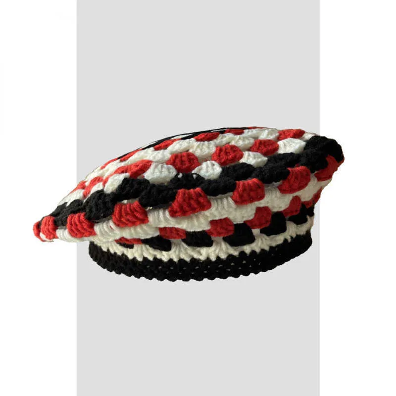 Bérets 2022 automne nouveau Colorblocking crochet tricoté creux béret casquette femme coréenne rétro mode pas d'avant-toit peintre chapeaux Boinas Z0616