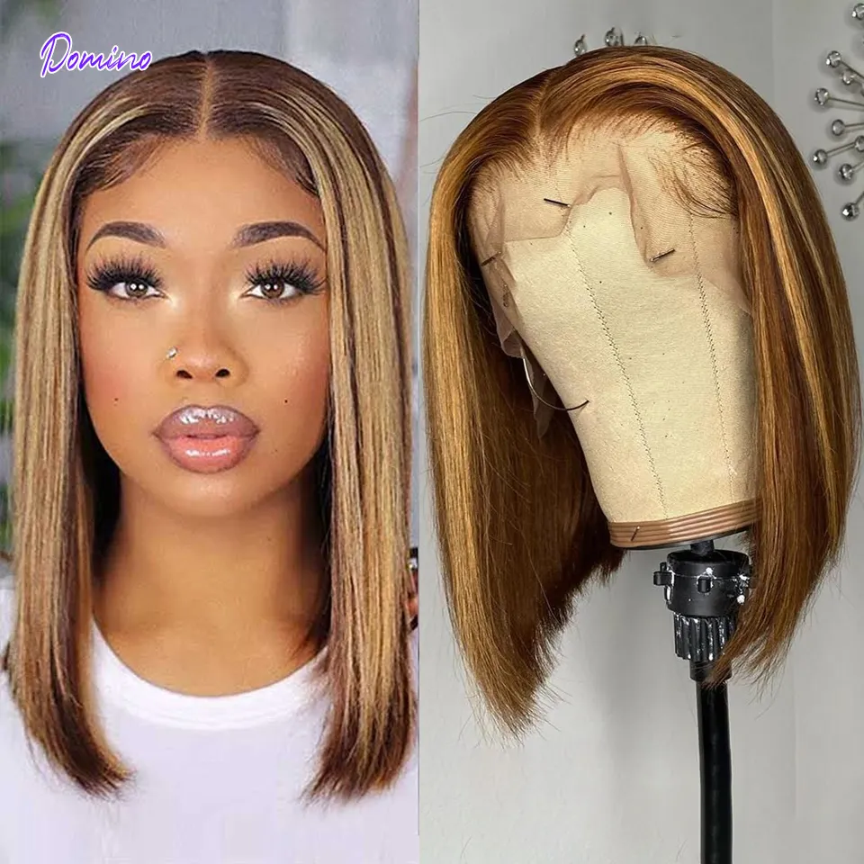 Lace Wigs Domino Highlight Bob Perruque de Cheveux Humains Brésiliens Ombre 13x4 HD Dentelle Frontale Perruque de Cheveux Humains Court Bob Perruque de Cheveux Humains Pour Les Femmes Noires 230616