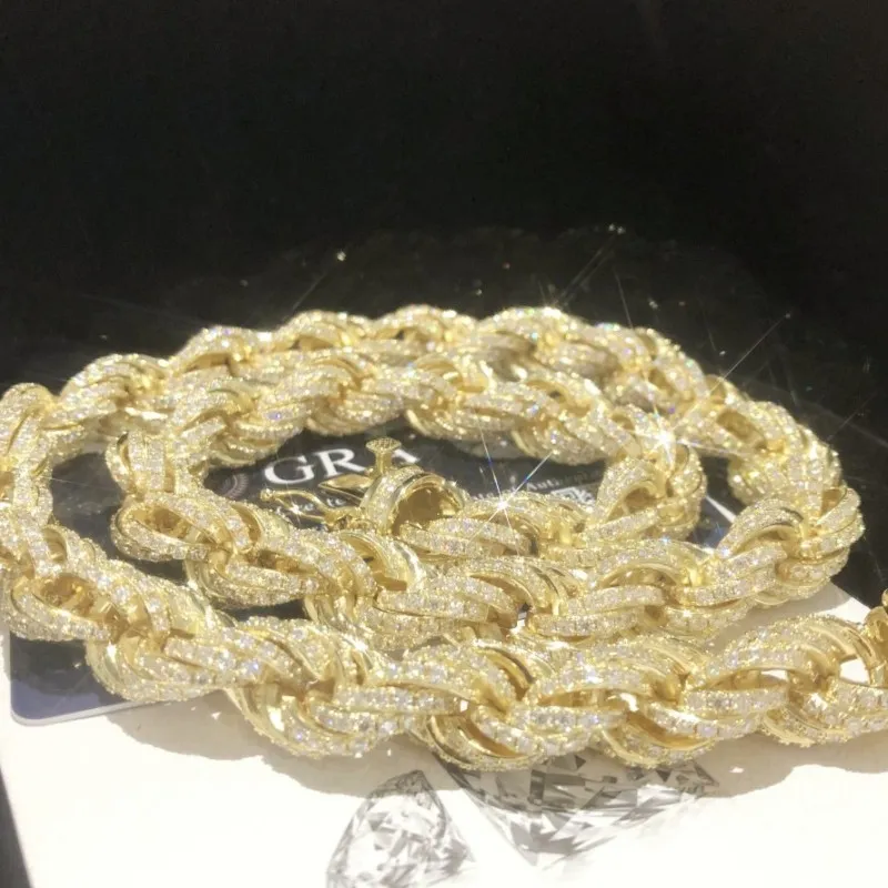 سلاسل Moissanite 12mm 18-24inch 925 Sterling Silver Full Moissanite Rope Stain Necklace for Women/Men Gift Gift