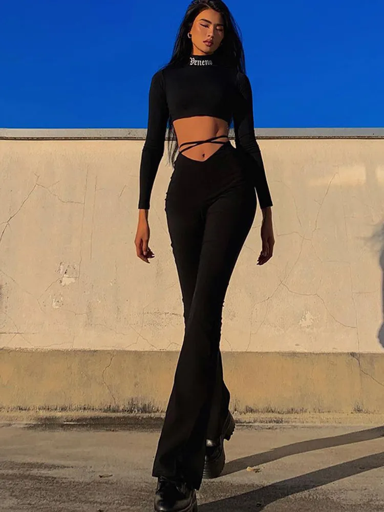 パンツ Kirakira flare pants (black) E-Girl Flare Pants: Sexy Low Rise Lace Up Trousers - Womens