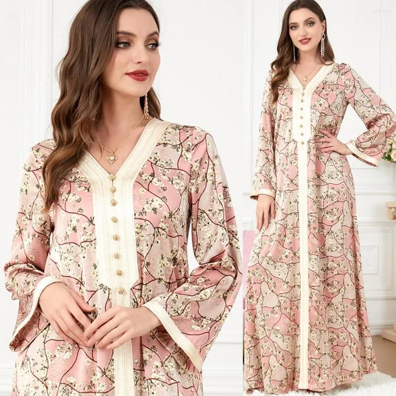 Abbigliamento etnico Abiti da festa di lusso Abaya Musulmano Scollo a V Stampa floreale Ramandan Eid Robe Cardigan Abiti lunghi Kimono Jubah Thobe Islamico