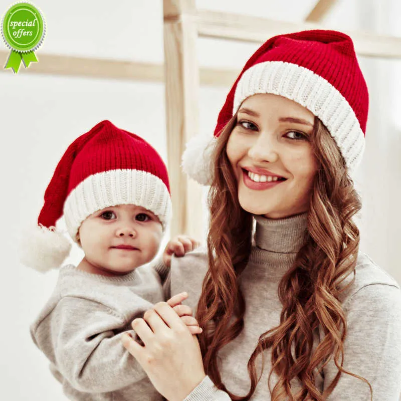 New Cute Pompom Kids Girl Boy Beanie Cap Christmas Parent-Child Hat Solid Color Warm Crochet Mom Baby Bonnet Hat for Children