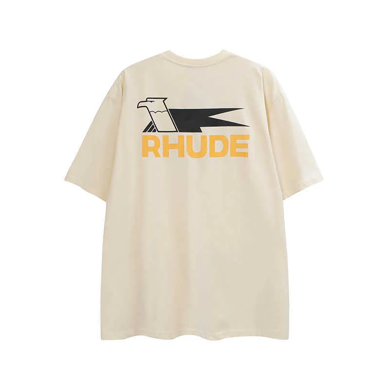 Rhude Mens 티셔츠 여름 봄 패션 스트리트웨어 제비 인 프린트 T 셔츠 남자 여자면 살구 검은 흰색 티 651