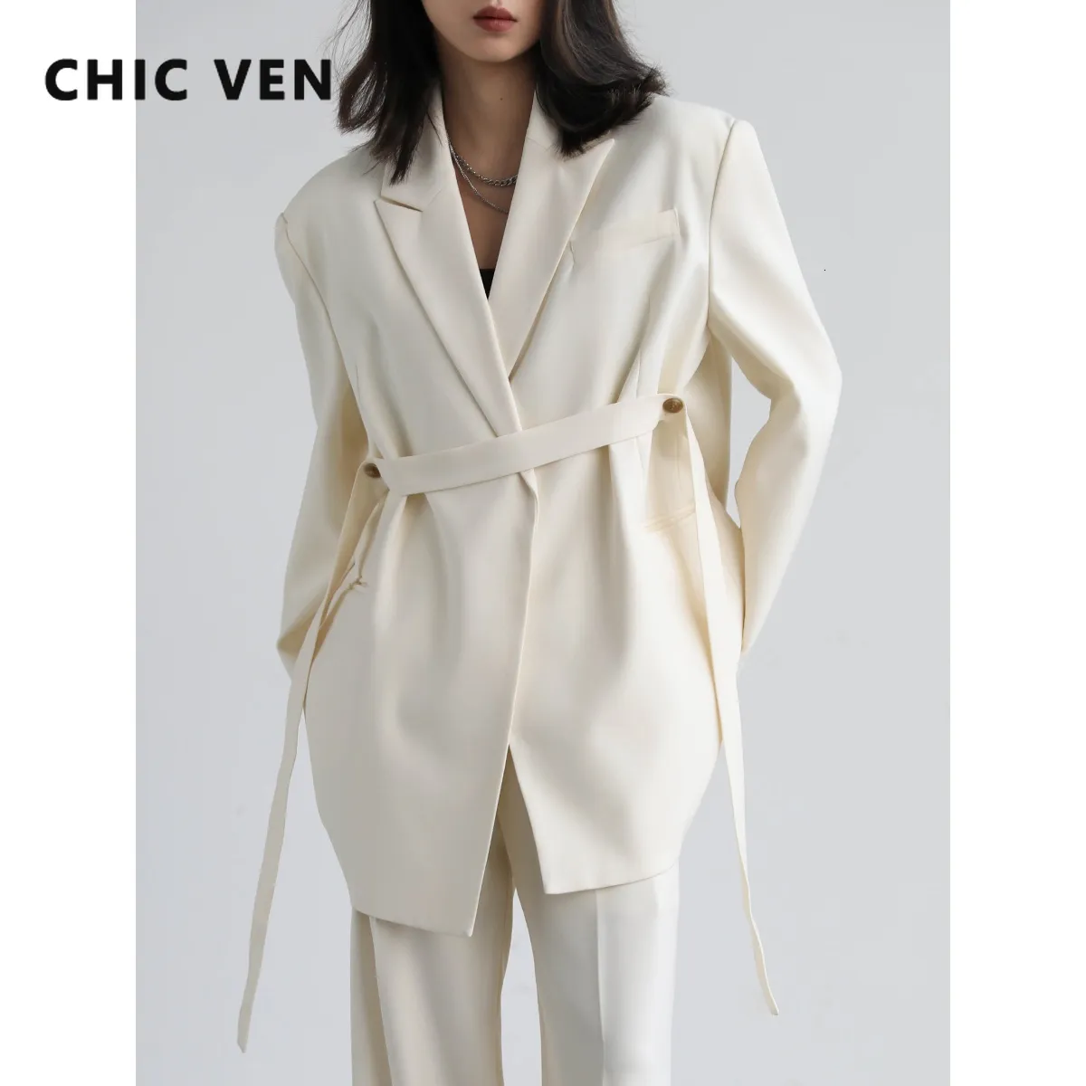 Women's Suits Blazers CHIC VEN Women Blazer Design Wide Shoulder Ribbon Solid Women's Medium Long Coat Office Lady Female Overcoat Spring Autumn 230615