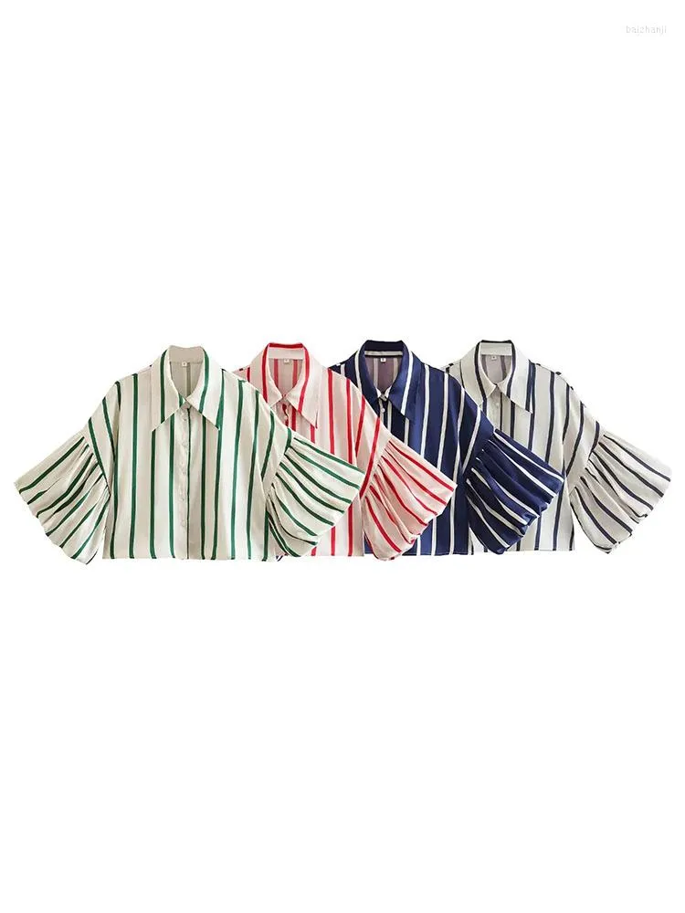 Blusas para mujer, camisas a rayas 2023 para mujer, blusas elegantes de manga larga Vintage recortadas con botones informales para mujer