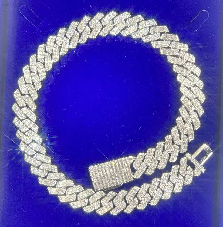 Пользовательская ширина на 19 мм с GRA Baguette Moissanite Chain 925 Серебряное серебряное кубинское ожерелье хип -хоп