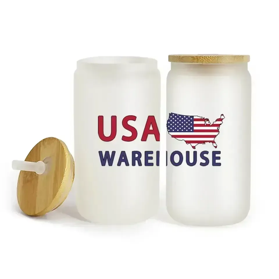 US-Lagerbestand 16-Unzen-Sublimationsglas-Bierkrüge mit Bambusdeckeln und Strohhalmbechern DIY-Rohlinge Dosen Wärmeübertragung Eiskaffeetassen Einmachgläser