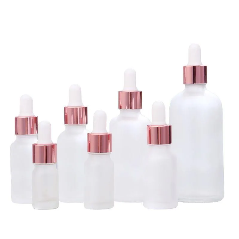 Transparente Mattglas-Parfümflasche für ätherische Öle, flüssiges Reagenz, Pipette, Tropfflasche mit Roségoldverschluss, 5–100 ml
