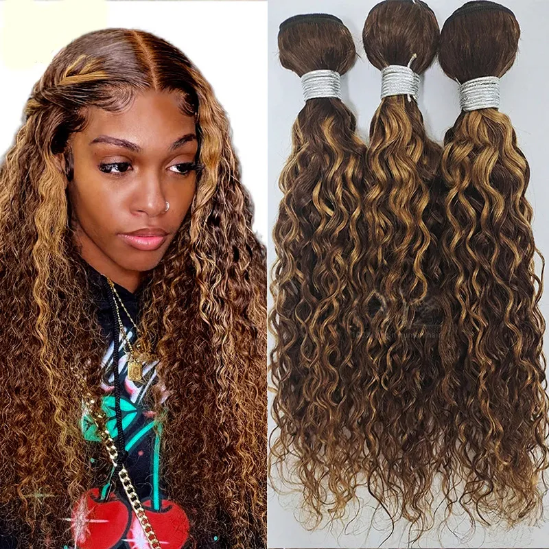 Brasileiro 100% cabelo humano onda de água cor de piano 3 pacotes tramas duplas p4/27 extensões de cabelo encaracolado 10-30 polegadas