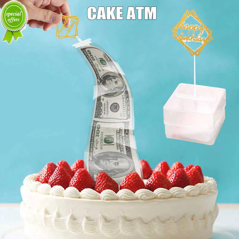 Ny tårta atm Grattis på födelsedagen Cake Topper Money Box roliga gåvor som gör leksakskakan atm födelsedagsfest kreativa dekoration leveranser