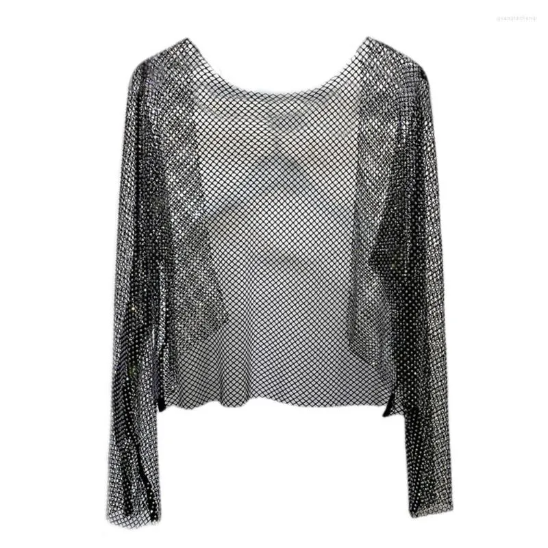 Kvinnors stickor Kvinnor öppnar framifrån genom nätet Roteston beskurna Cardigan Long Sleeves Y2K Fishnet Cover Up Tops