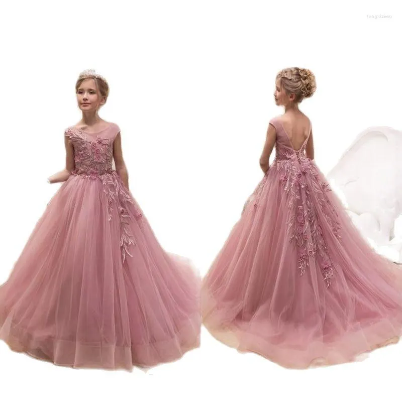 Vestidos de menina blush rosa renda flor ocasião especial para casamentos penas crianças vestidos de desfile vestido de baile tule primeira comunhão Dre