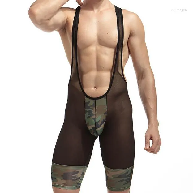 Underpants Men's Camouflage Patchwork Underwear High Quanlity Mens Bodysuits Nylon Ultra Thin Sheer Wrestling Singlet