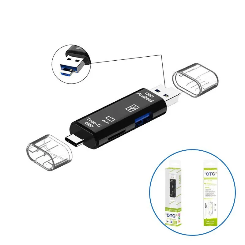 Med paket 5 i 1 Multifunktion USB 2.0 Typ C/USB/Micro USB/TF/SD Memory Card Reader OTG Card Reader Adapter Accessoarer för mobiltelefoner