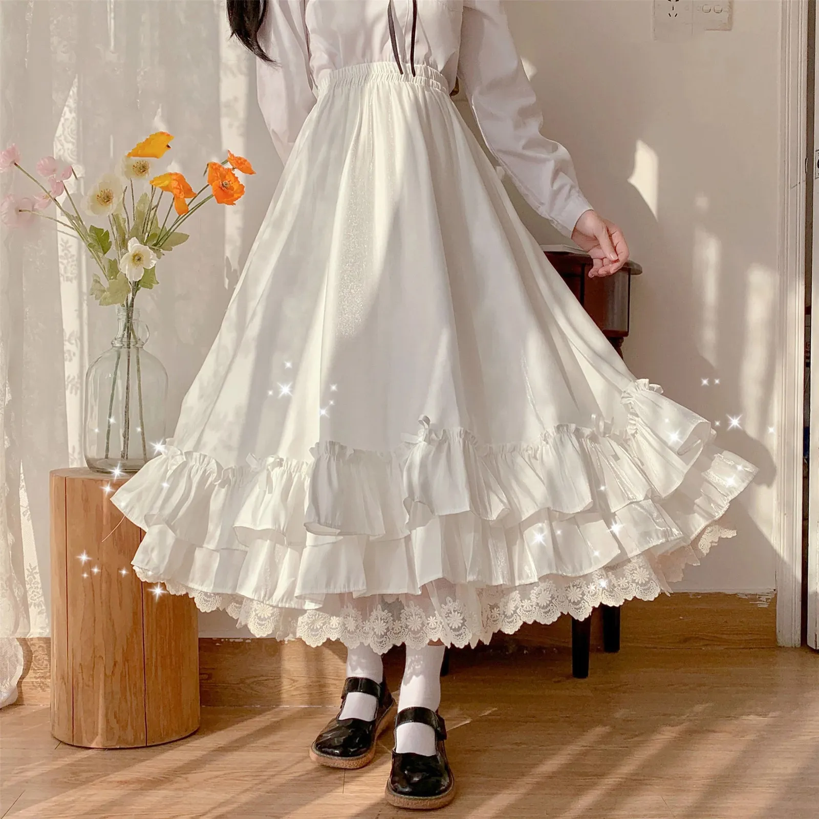 Skirts Japanese Solid Color Double Layer Vintage French Ruffled A-Line Pleated Skirt Hepburn Black Half Skirt Female White Long Skirt 230615