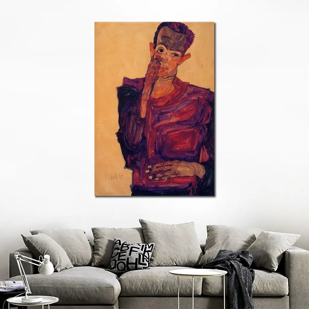 Contemporary Abstract Canvas Art Landscape Self Portrait with Hand to Cheek Egon Schiele Painting Hand Painted