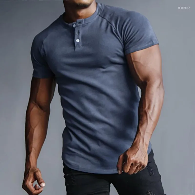 Camisetas masculinas para atividades ao ar livre, casual, gola henley, de cor sólida, para esportes, fitness, corrida, camiseta manga curta fina