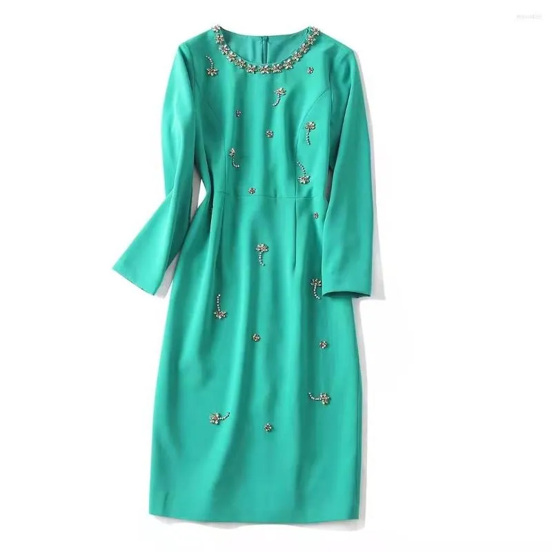 Casual Dresses European och American Women's Clothing Autumn Winter 2023 Långärmning Peed Round Collar Fashion Green Slim Dress