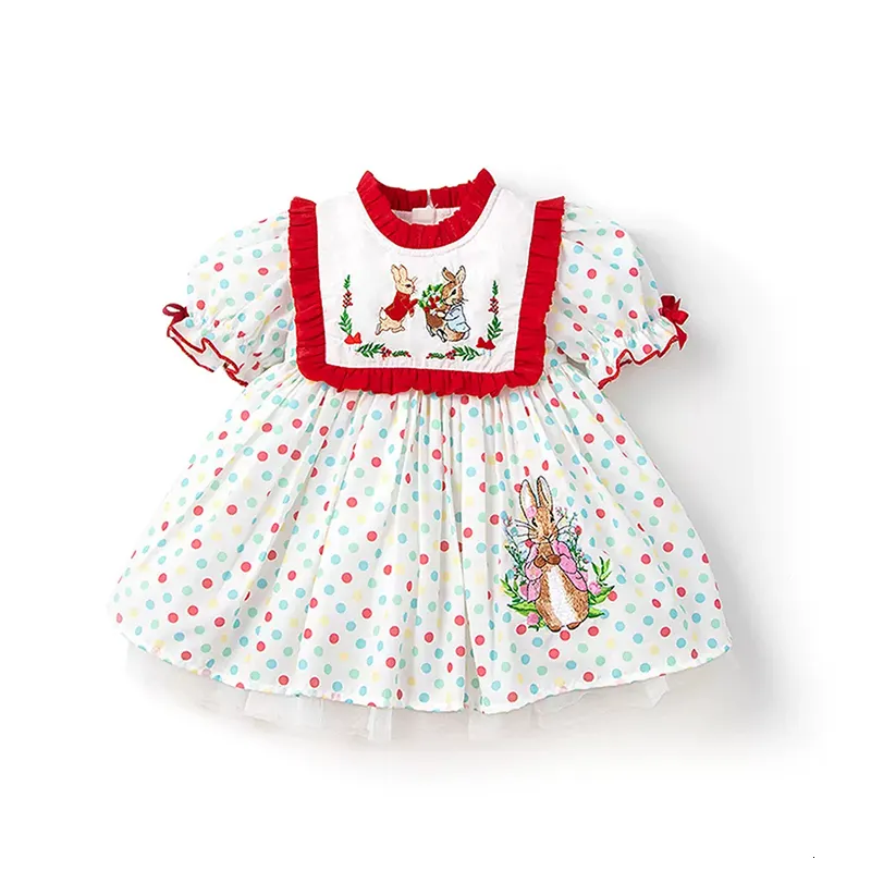Vestidos de menina Vestido de estilo espanhol para bebês meninas, crianças, bordado, coelho, estampado, vestidos de baile para o feriado da Páscoa, crianças, Lolita Vestidos 230615