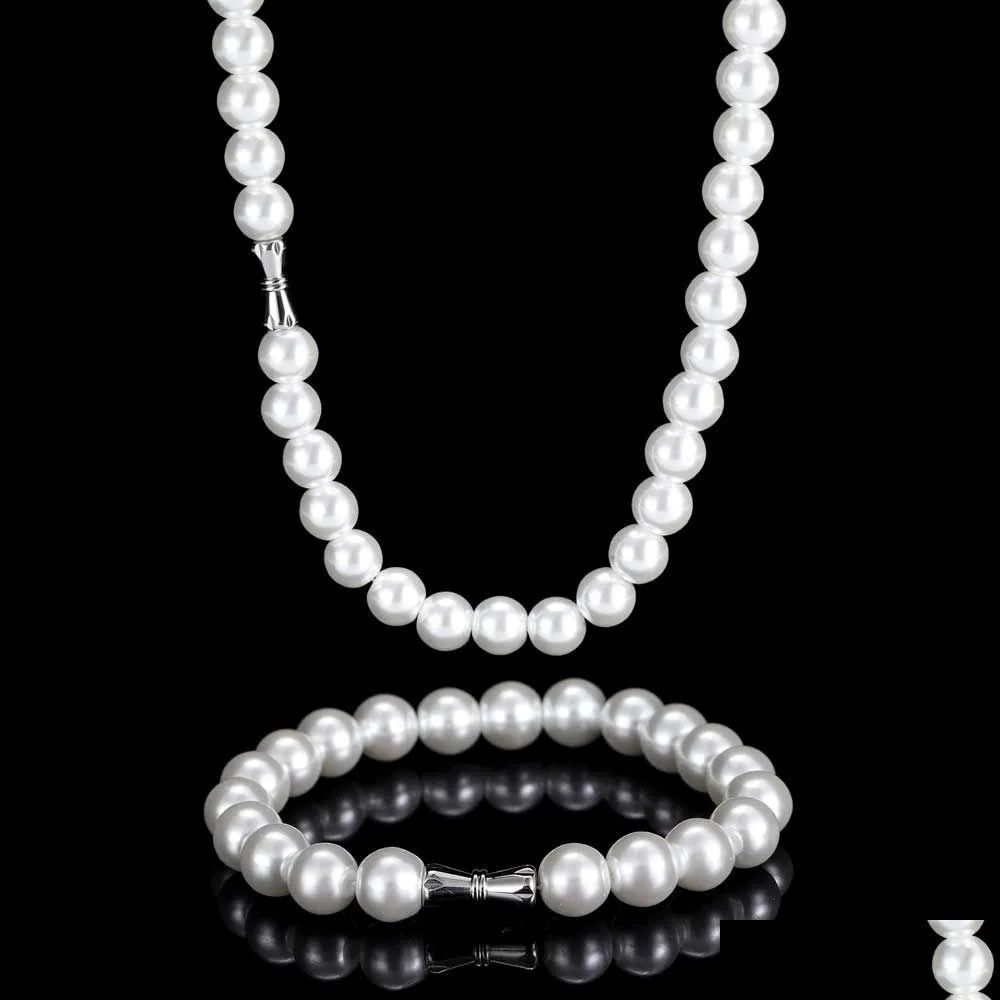 Bracelet Collier Perles Perles Pour Hommes Avec Chaîne Bracelets 6Mm 8Mm 10Mm 12Mm Ensemble De Bijoux Femmes Père Petit Ami Cadeau Drop Delivery Dhpyt