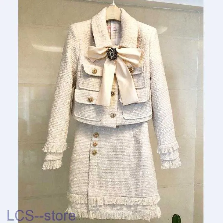 Tvådelad klänningskjol passar Kvinnor Runway Luxury Designers Elegant Office Ladies Formal Tweed Blazer Jacket Mini 2 Set Winter Outfits1