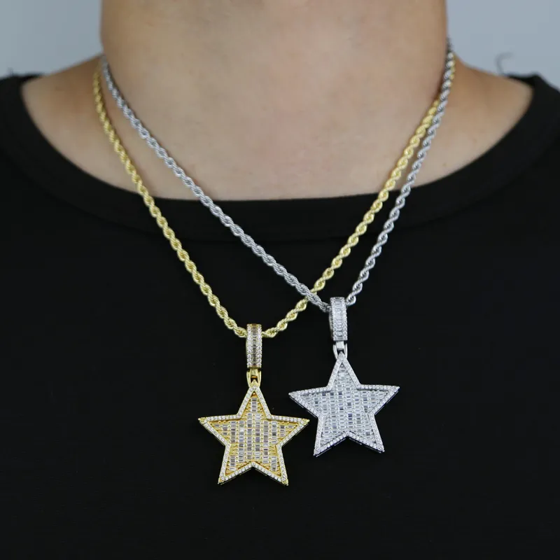 Hip Hop 5-Point Star Pendant gold necklace with Zircon