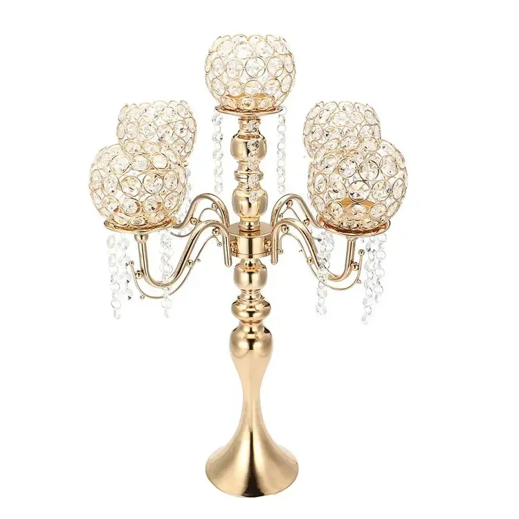 No Candle) 5 Arms Gold Candle Stickers Crystal Candelabra Gold Center Pitch for Wedding Home Decor 0987