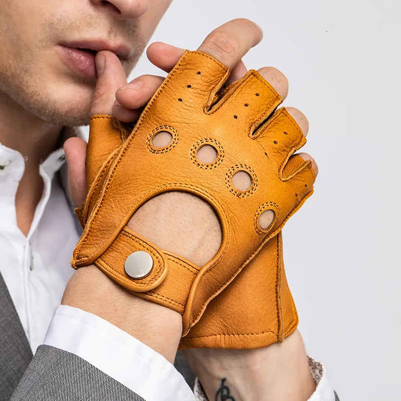 Gants à cinq doigts Arrivée Printemps Gants en cuir véritable pour hommes Conduite Sans doublure 100% Gants en peau de chèvre Demi-doigts Gants de fitness sans doigts 230615