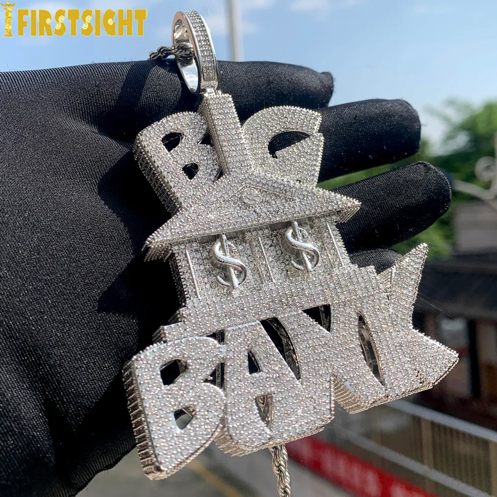 Charms isade ut bling tunga chunky cz brev Big Bank Pendant Necklace Cubic Zirconia Dollar Symbol Bank Charm Men Hip Hop Jewelry 230615