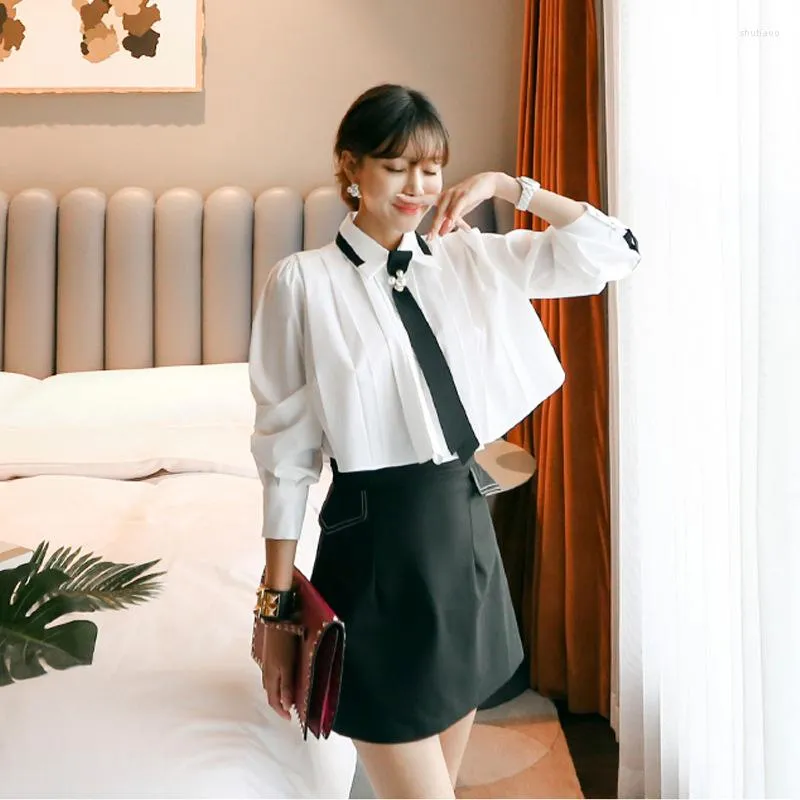 White Shirt Black A Line Skirt Two Piece Set for Women Elegant Office Lady Korean Style Summer Work Dress