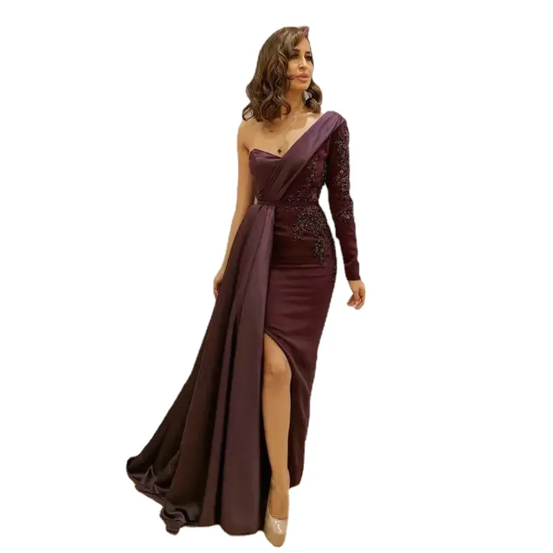 Burgundy One-Shoulder Satin Prom Dress Floor-Length Side Split with  Appliques and Beads from Dhgate Prom Dresses - price 339.44