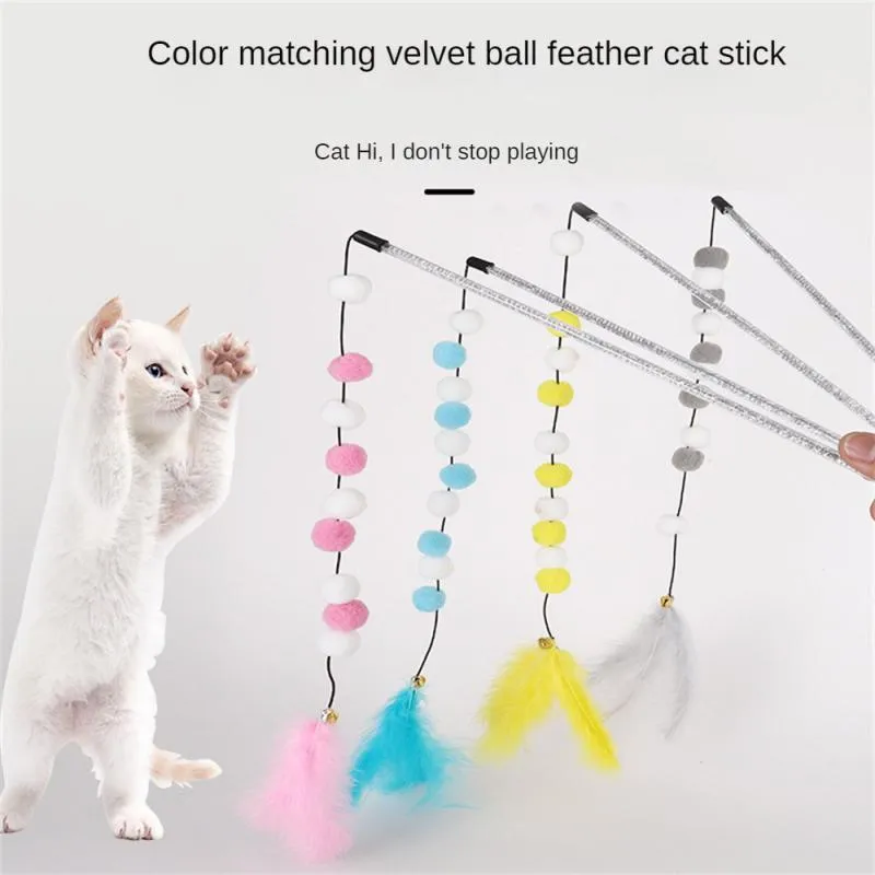 Fashionable Plush Ball Interactive Feather Toys Beautiful Pet Cats Toys Stick Non-toxic Pompom Cat Toys Funny Kitten Cat Teaser