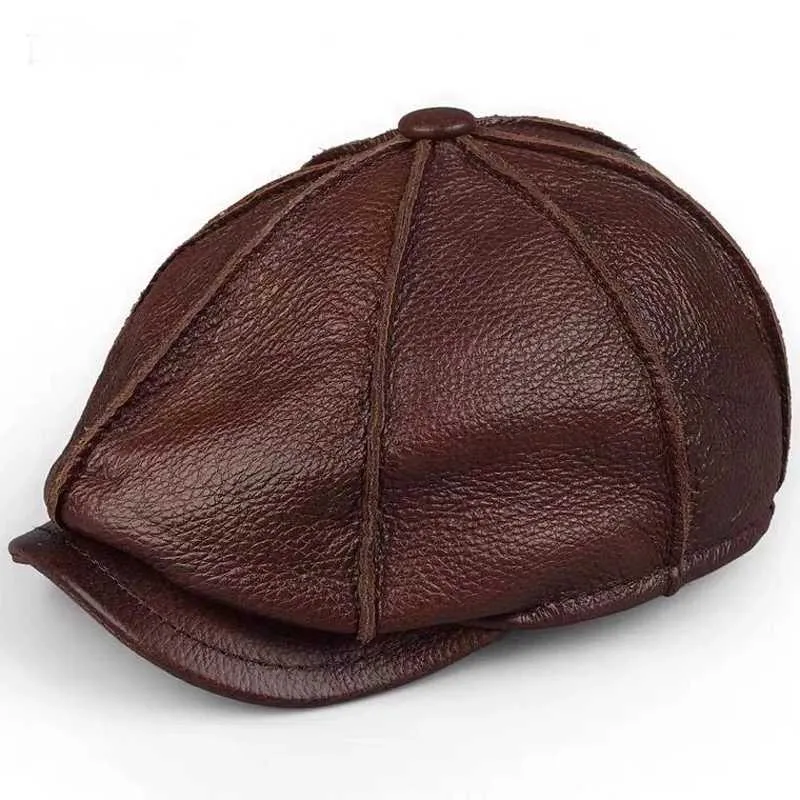 Beralar retro sekizgen orijinal deri şapka Sonbahar Erkekler Cowhide Deri Bere Zarif Moda Öğrenci Dil Kapağı Snapback Caps Erkekler için Z0616