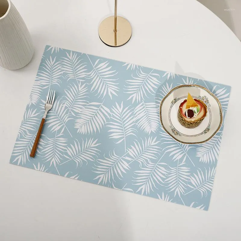 Table Mats Simple Japanese Light Blue Leaves Printed Placemats Leather Waterproof Oilproof Heat-insulated Dinner Mat Kitchen Decor