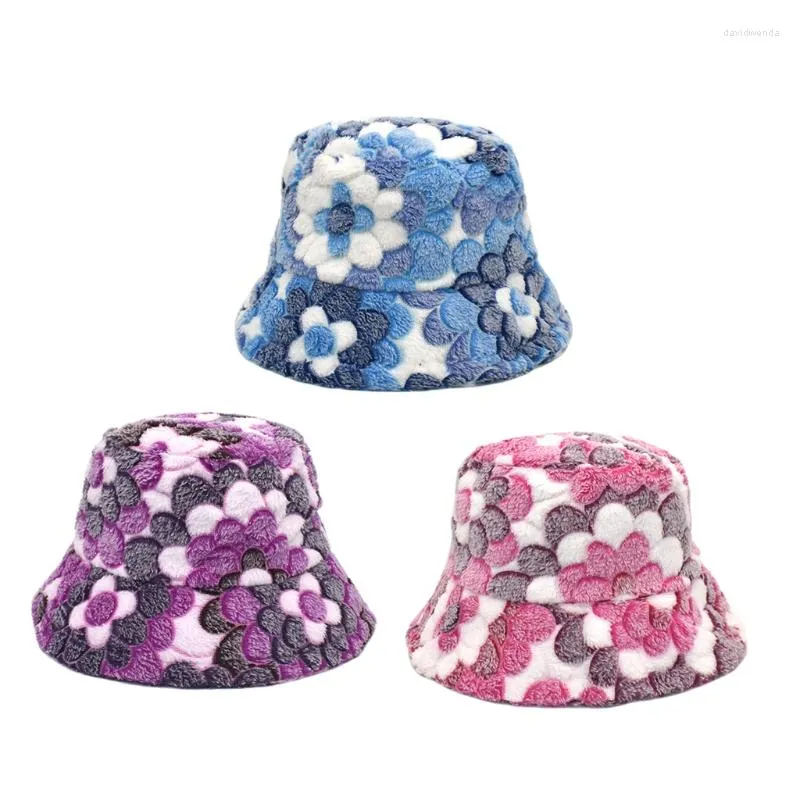 Berets Fluffy Flower Bucket Hat Casual Basin Coldproof Winter For Halloween Xmas L5YB