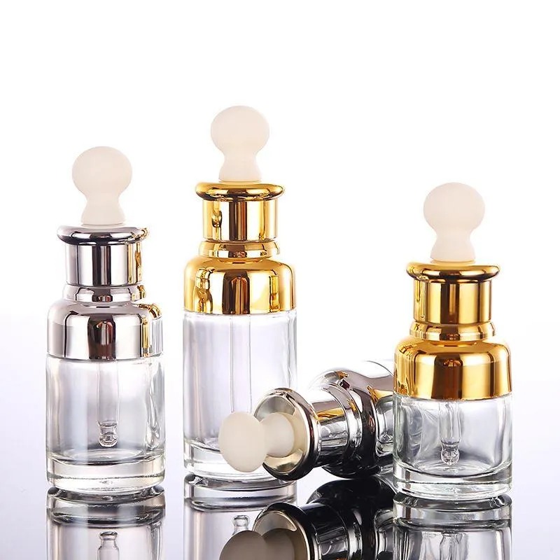 Clear Glass Essential Oil Perfume Bottles Liquid Reagent Pipette Bottles Eye Dropper Aromatherapy Plated Gold Silver Cap 20-30-50ml Who Lasn