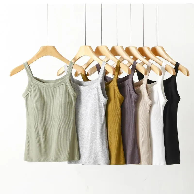 Débardeurs femme côtelé coton caraco soutien-gorge rembourré Cami débardeur couleur unie Anti-vidé t-shirt hauts sans manches amovible