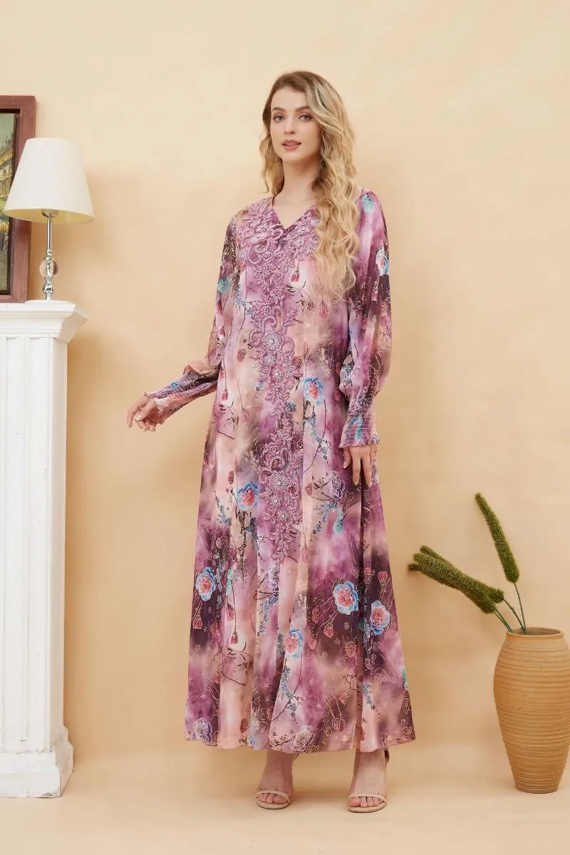 Etnische Kleding Abaya Voor Vrouwen Dubai Turkije Marokko Caftan Kaftan Zomer Losse Geborduurde Mid Lengte Jurk V-hals Lange Mouwen