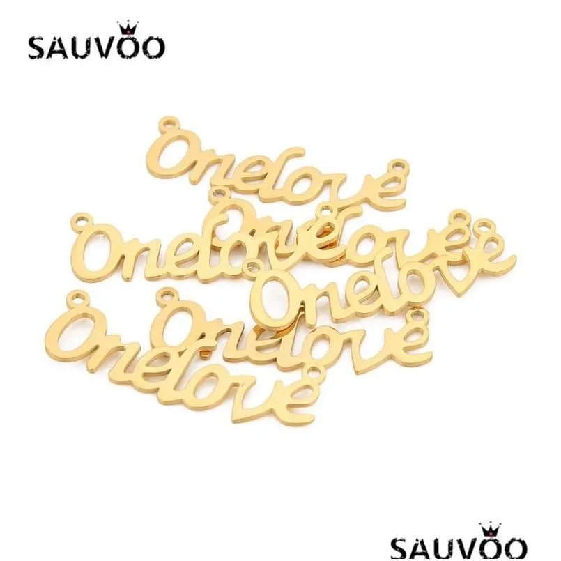 Pendants Sauvoo 5Pcs/Lot Lovers Gift Diy Jewelry Findings Charm Onelove Word Engraved Stainless Steel Necklace Pendant Gold Color Dr Dhtc0