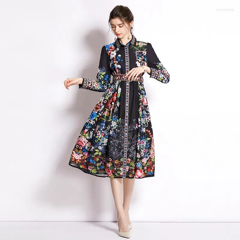 Casual Dresses 2023 Summer Fashion Women Lantern Sleeve Lapel Floral Printed Loose Dress with Model Version Belt Vestidos