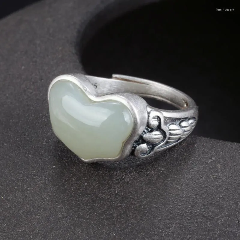 Cluster Rings S925 Sterling Silver Hetian Jade Saphir Wish Ring Femme Rétro Style Ethnique Open Index Finger