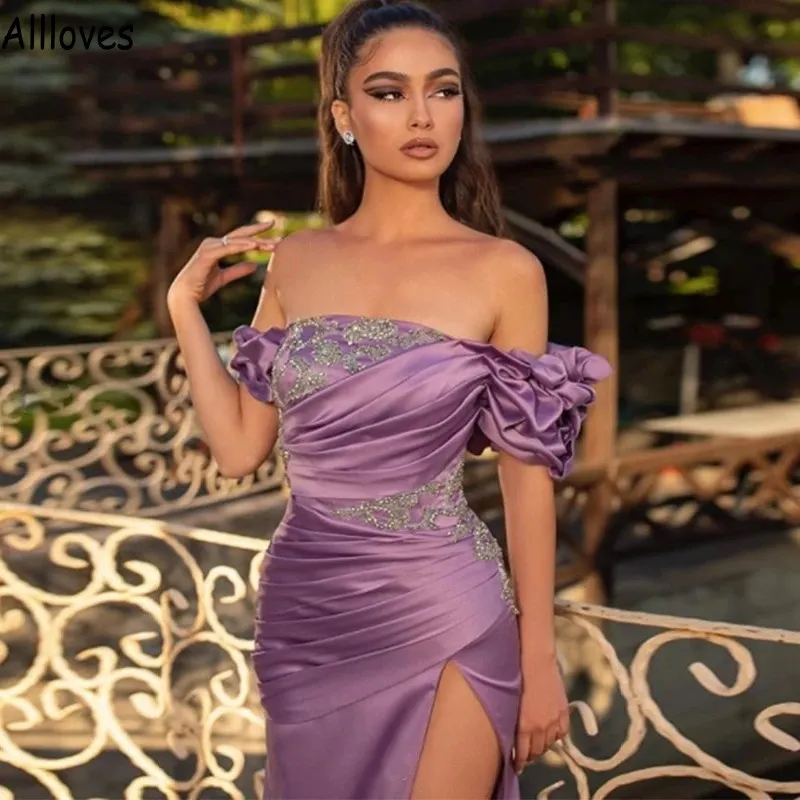 Purple Off Shoulder Evening Dresses Pleats Satin Sequins Beaded Mermaid Prom Formal Gowns For Women Arabic Aso Ebi Sexy Split Special Occasion Dress Plus Size CL1054